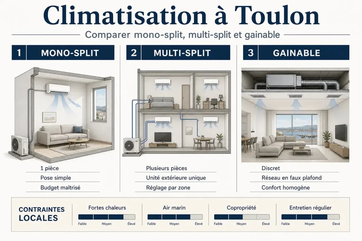 Climatisation Toulon : comparaison visuelle des solutions mono-split, multi-split et gainable face aux contraintes de chaleur, air marin et copropriété