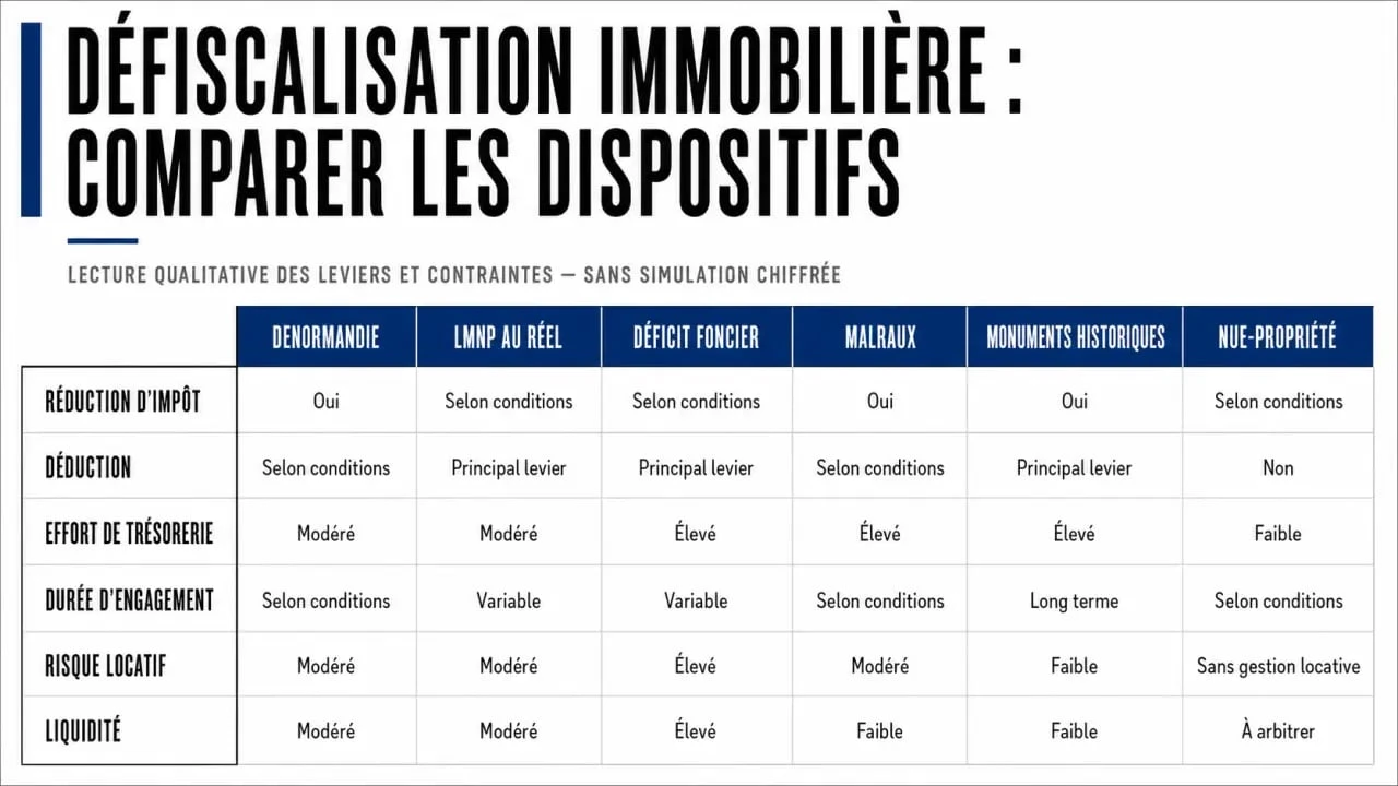 Tableau comparatif défiscalisation immobilière : Denormandie, LMNP, déficit foncier, Malraux, Monuments historiques et nue-propriété