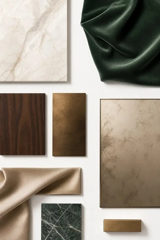 Luxury design art de vivre, planche de matières avec marbre, bois et bronze