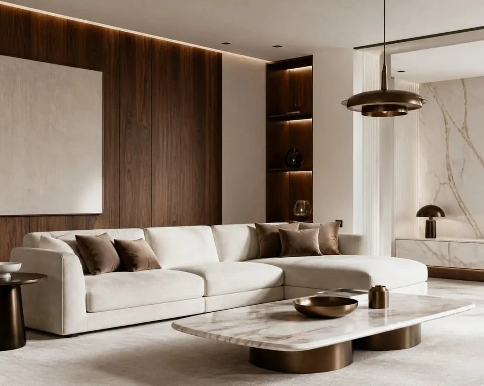 Luxury design art de vivre dans un salon raffiné aux matières nobles et lumière douce