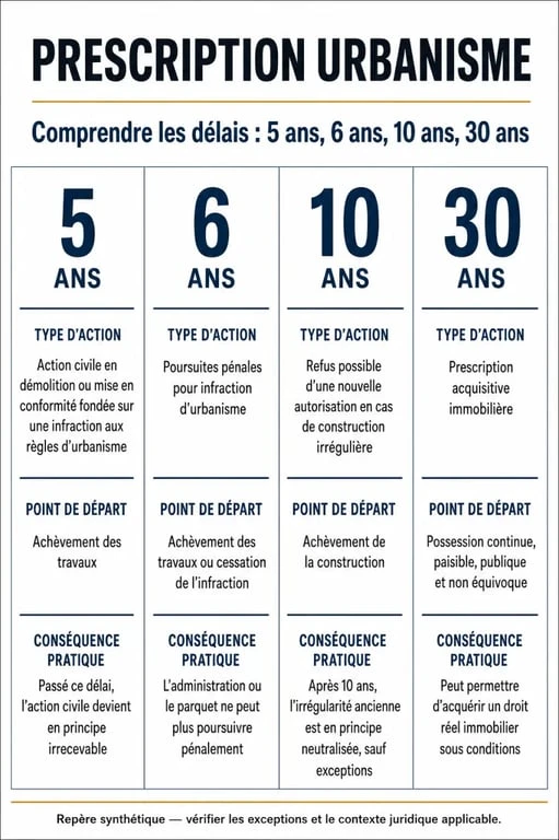 Infographie sur la prescription urbanisme 30 ans avec les principaux délais de prescription et leurs effets
