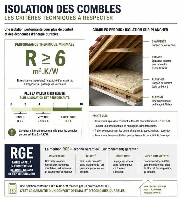 Critères techniques et résistance thermique R >= 6 pour aide isolation des combles en 2026
