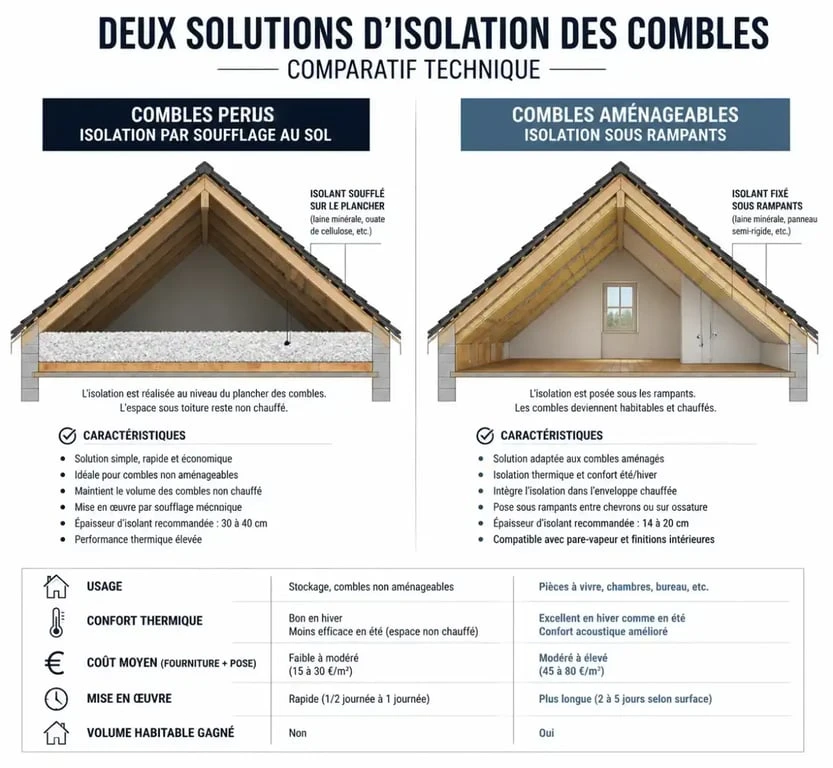 Schéma comparatif isolation combles perdus et aménageables pour aide isolation des combles en 2026