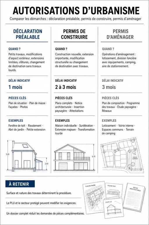 Infographie comparative des autorisations d'urbanisme : Déclaration préalable, Permis de construire et Permis d'aménager pour votre projet immobilier.