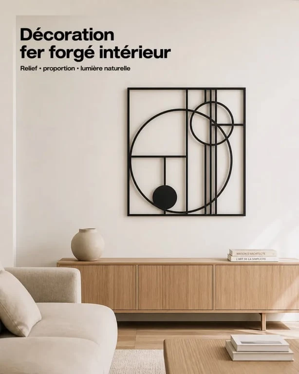 Décoration fer forgé intérieur dans un salon contemporain avec pièce murale noire mate