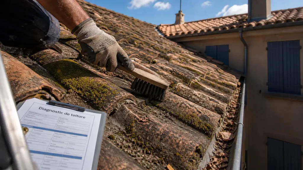 Entretien toiture Marseille : tuiles couvertes de mousse et noue traitée