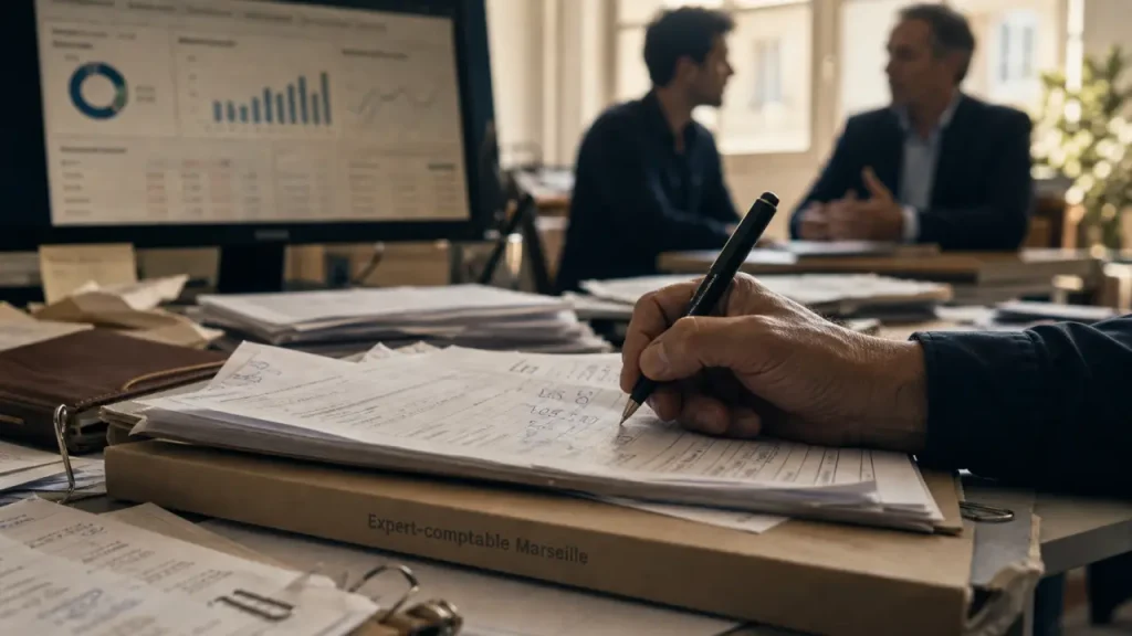 Expert comptable Marseille en rendez-vous au bureau, main sur liasse fiscale