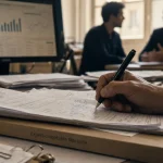 Expert comptable Marseille en rendez-vous au bureau, main sur liasse fiscale