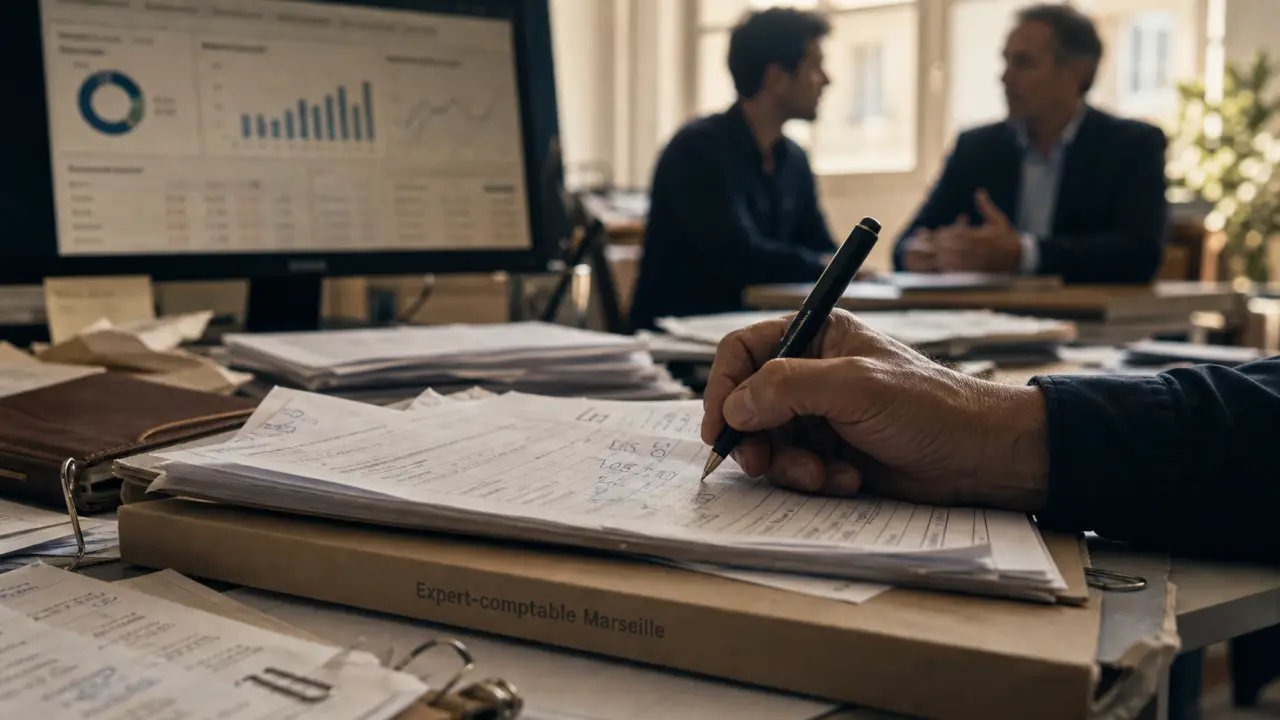 Expert comptable Marseille en rendez-vous au bureau, main sur liasse fiscale