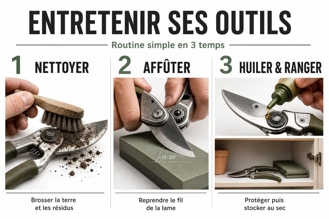 Optimiser l'entretien de son jardin et protéger son matériel : routine visuelle de nettoyage, affûtage, huilage et rangement des outils