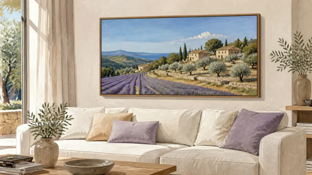 Paysage provence peinture : lavandes et oliviers en restanques}}