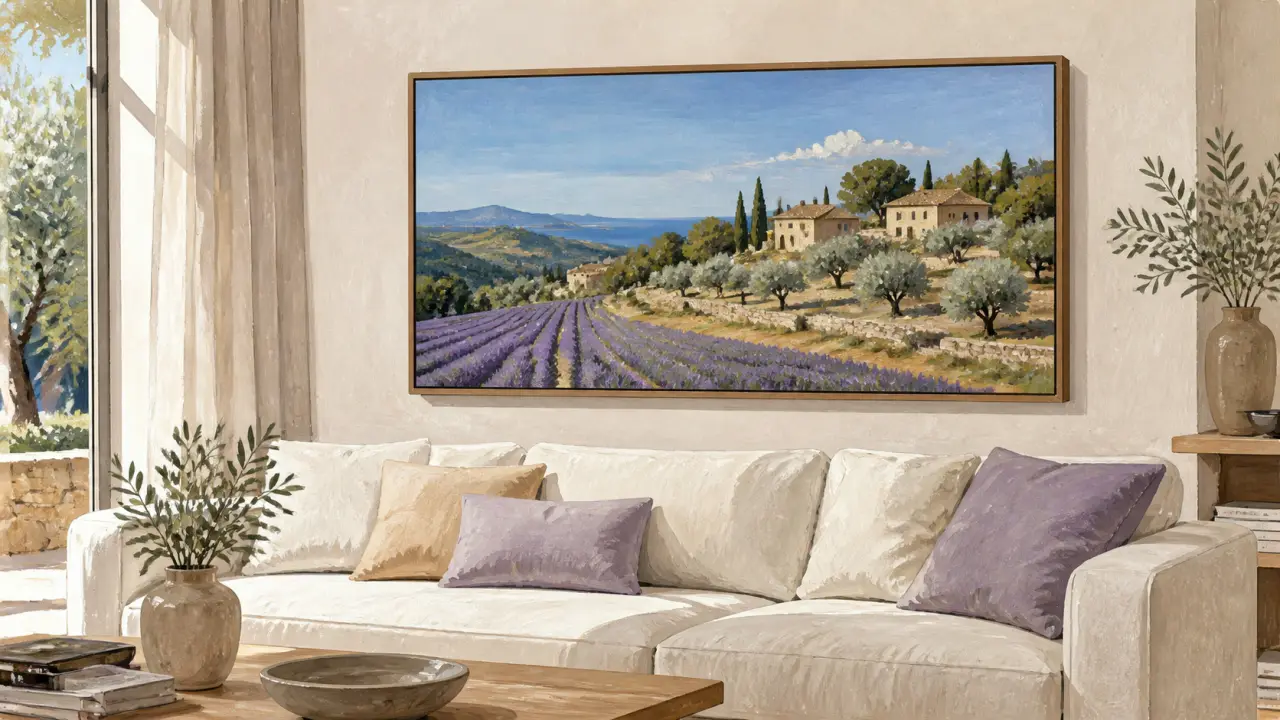 Paysage provence peinture : lavandes et oliviers en restanques}}