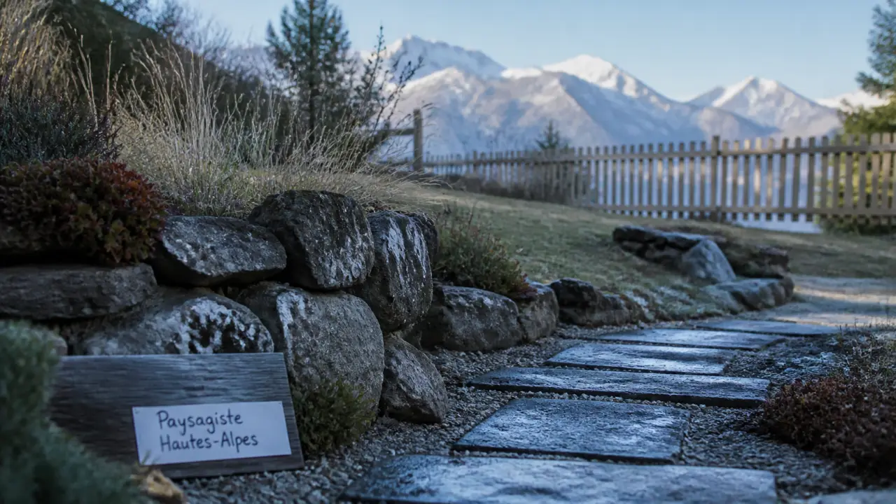 Paysagiste hautes-alpes : jardin en pente avec muret en pierre sèche, restanques et graminées
