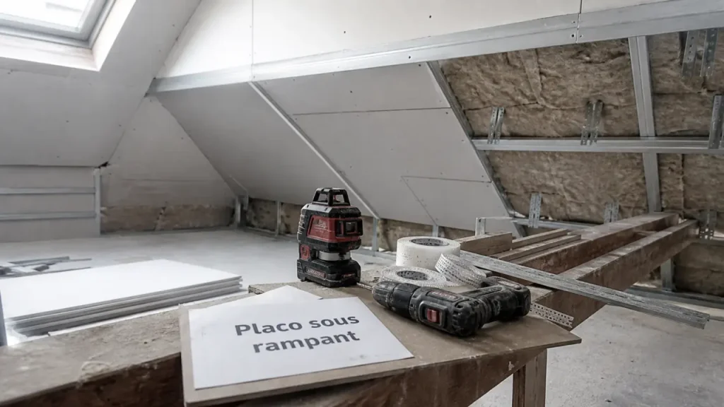 Placo sous rampant : ossature métallique, isolant et plaques BA13 en combles