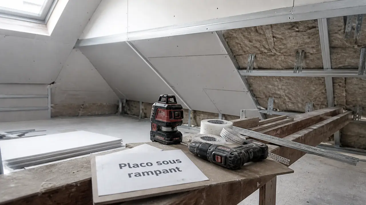 Placo sous rampant : ossature métallique, isolant et plaques BA13 en combles