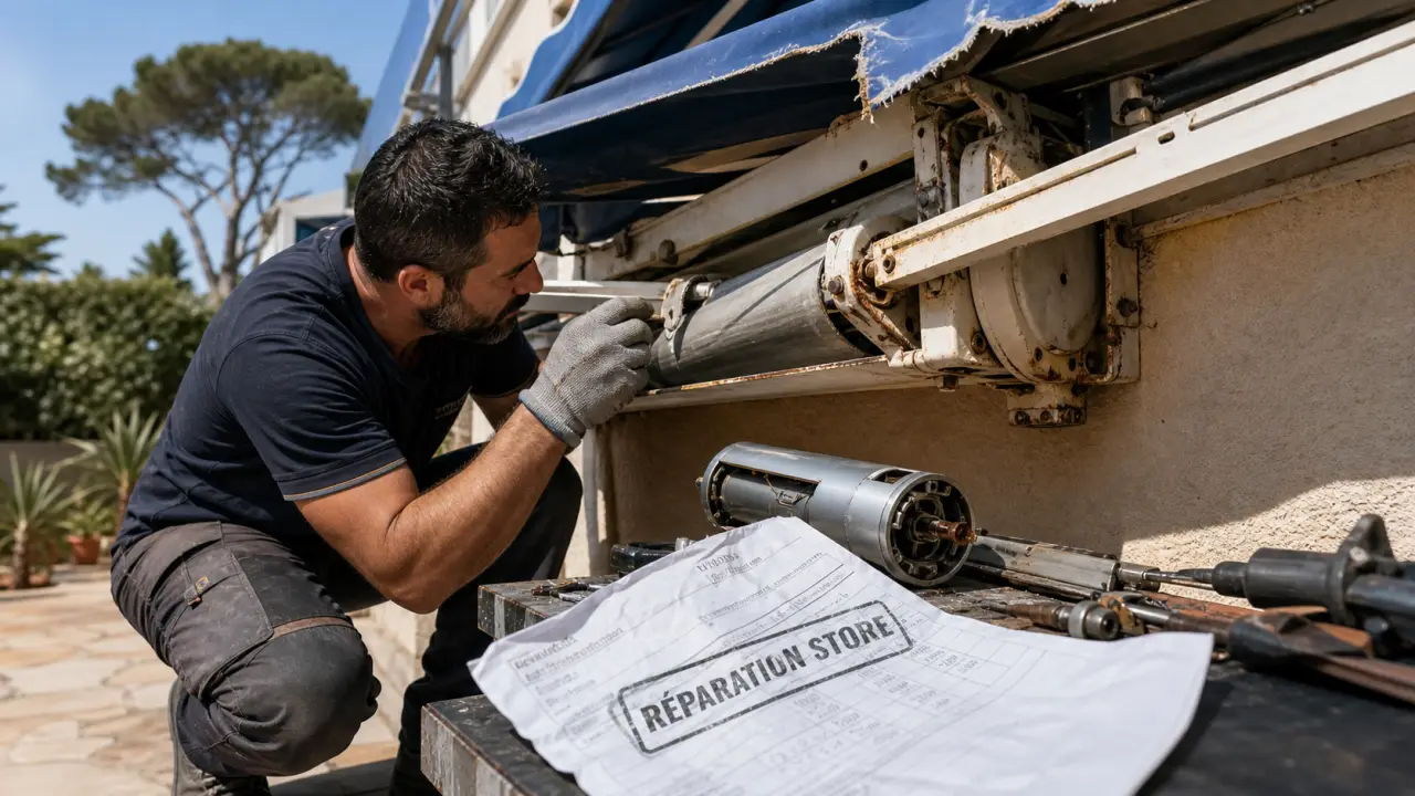 Réparation store Toulon : technicien inspecte le mécanisme d’un store banne extérieur