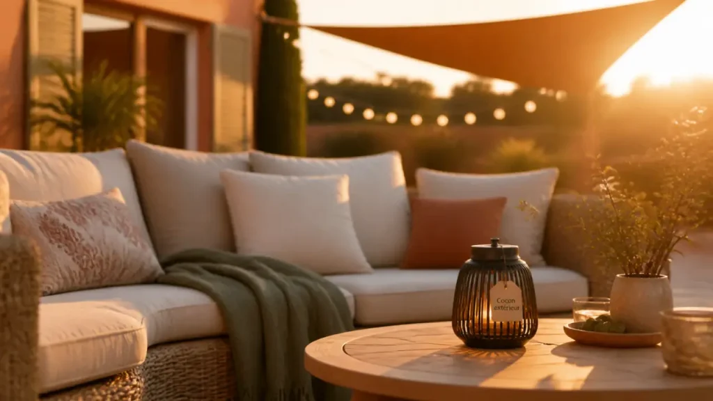 Salon de jardin cocooning sur terrasse cosy avec coussins déperlants et plaid
