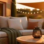 Salon de jardin cocooning sur terrasse cosy avec coussins déperlants et plaid