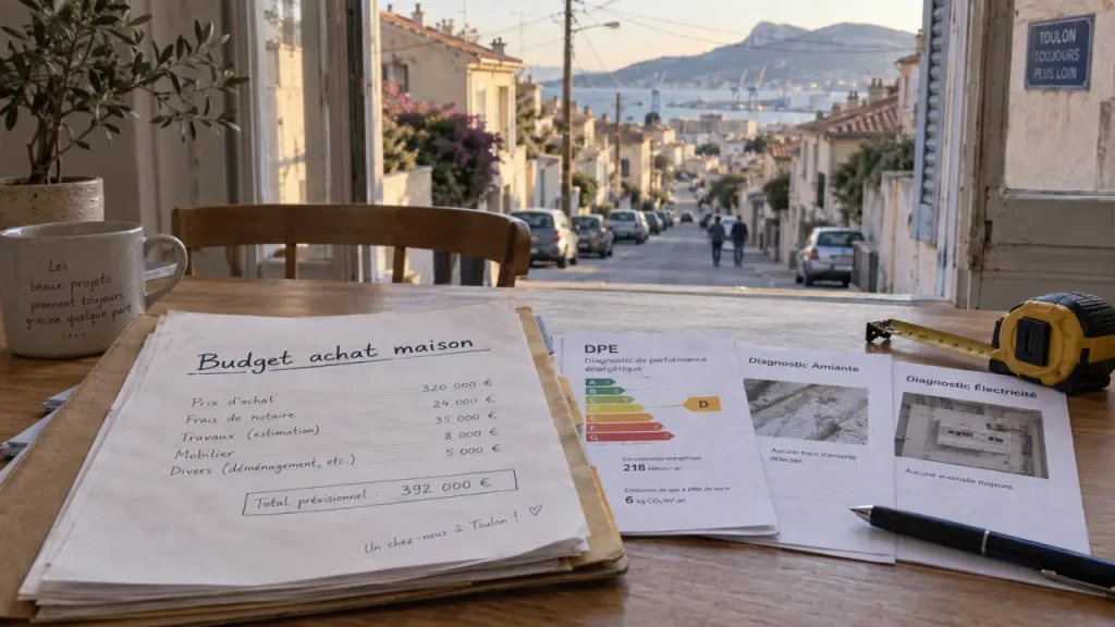 Achat maison Toulon : dossier budget et diagnostics sur table, rue résidentielle en fond