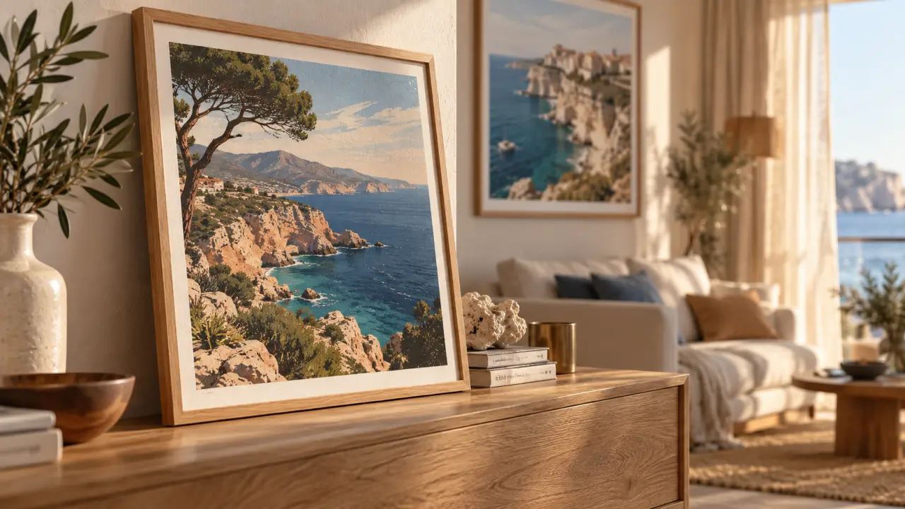 Affiche corse sur console en bois, décoration traditionnelle