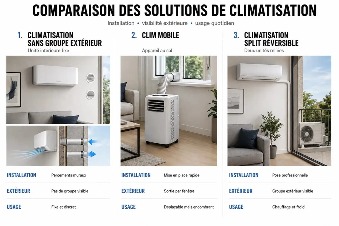 Climatisation sans groupe extérieur comparée à une clim mobile et à un split réversible