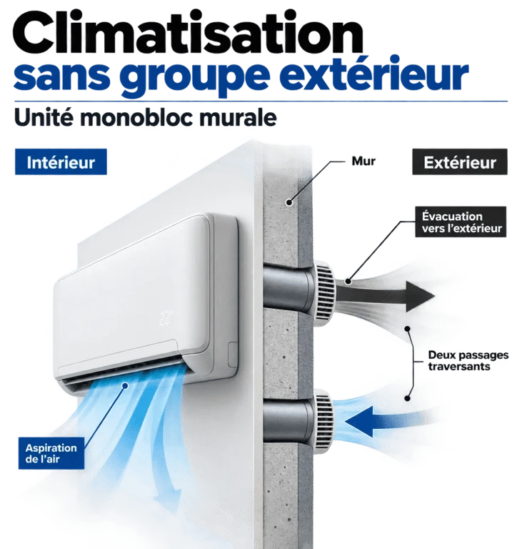 Climatisation sans groupe extérieur : schéma du fonctionnement d’une unité monobloc murale