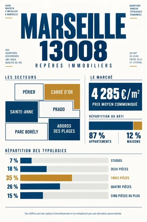 Infographie du marché des agences immobilières Marseille 13008 et de la répartition des logements du 8e arrondissement