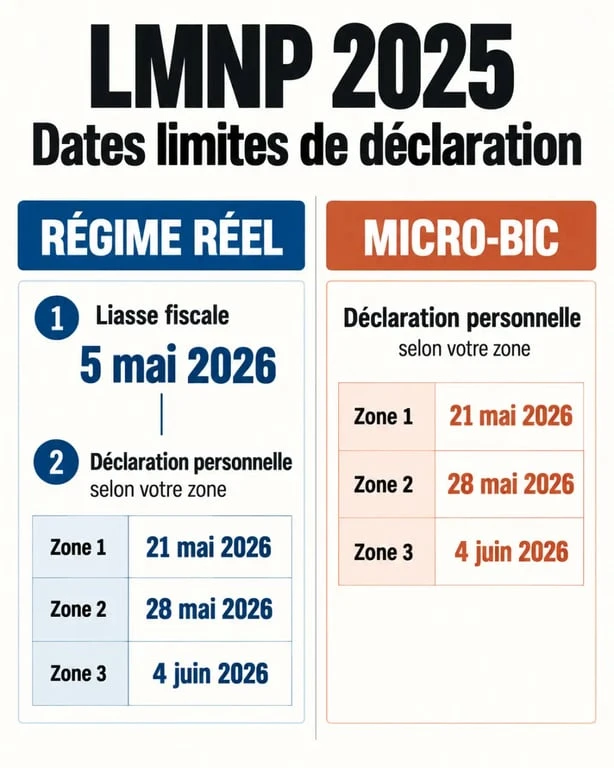 Infographie sur la déclaration LMNP 2025 date limite : liasse fiscale au réel et échéances de déclaration personnelle en 2026