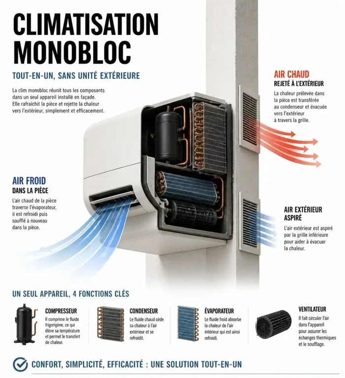 Schéma de climatisation monobloc montrant le fonctionnement d’une climatisation monobloc et les flux d’air