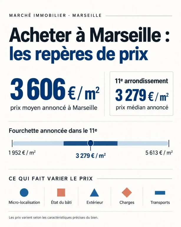 Infographie sur l’achat immobilier Marseille avec les repères de prix au mètre carré