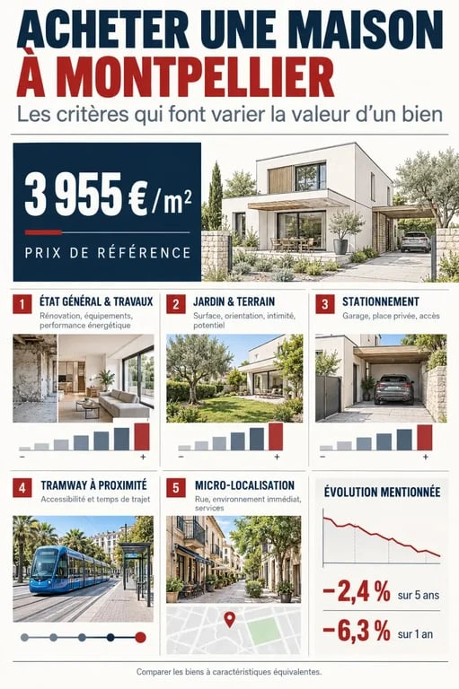 Infographie sur l'achat maison Montpellier : prix au m², travaux, jardin, stationnement et accessibilité