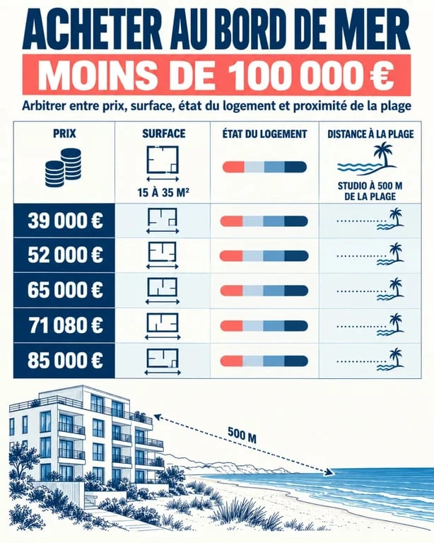 Infographie sur un appartement bord de mer moins de 100 000 euros : prix, surface et proximité de la plage