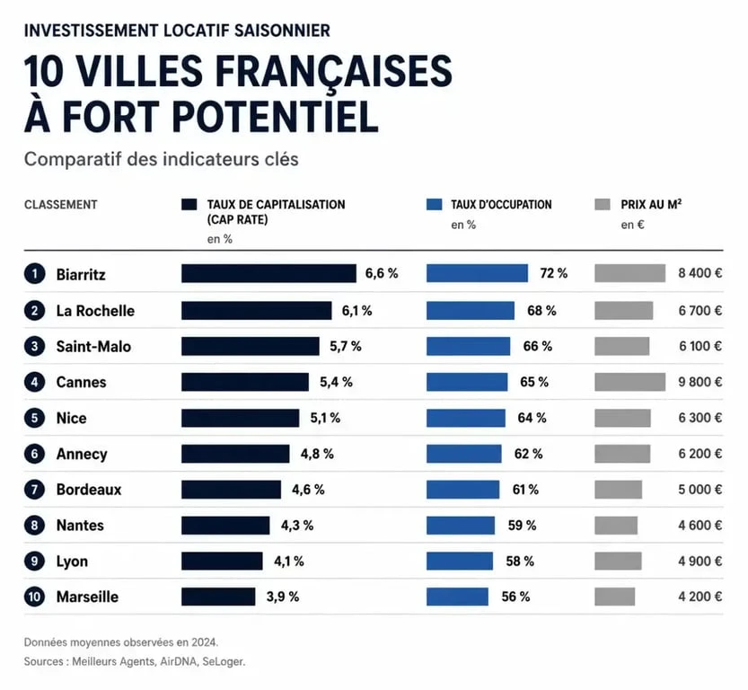 Comparatif du cap rate par ville pour investir dans le locatif saisonnier