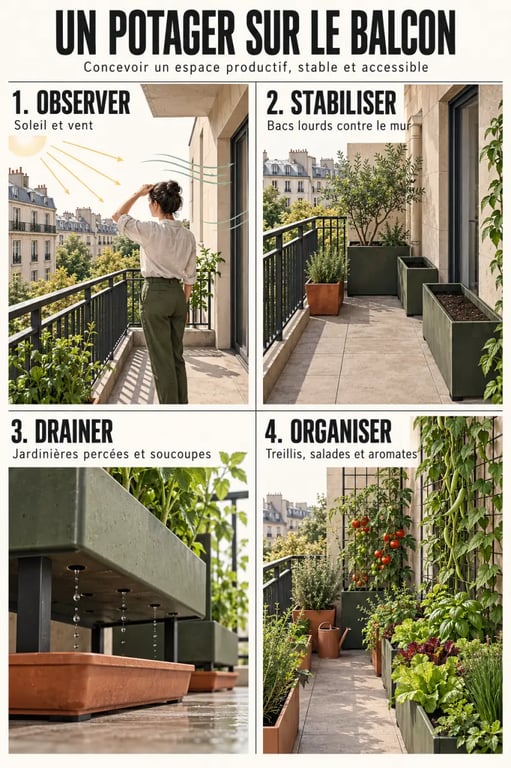 Illustration des étapes pour aménager un potager urbain sur son balcon
