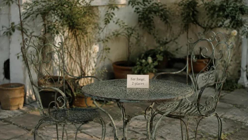 Salon de jardin fer forgé 2 places vert-de-gris, table ronde et chaises