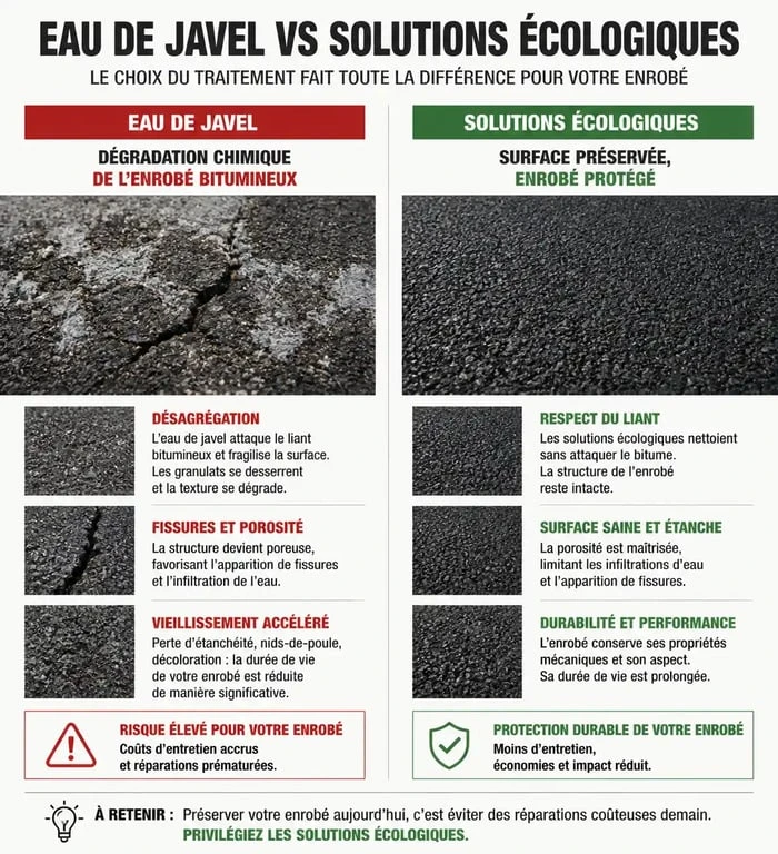 Infographie comparative des effets de l'eau de javel sur enrobé et alternatives écologiques