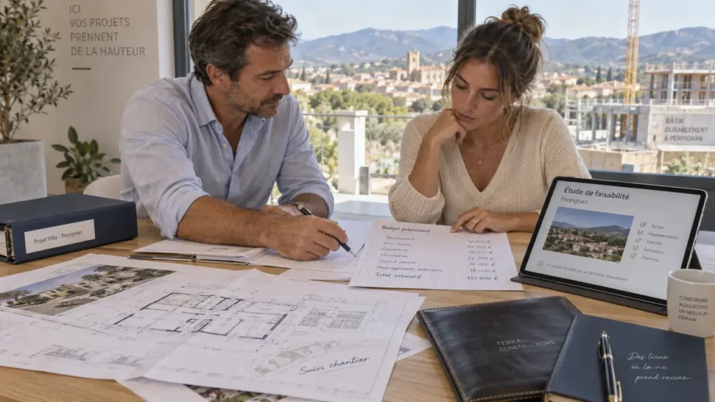 Constructeur immobilier Perpignan : plans et suivi chantier sur une table