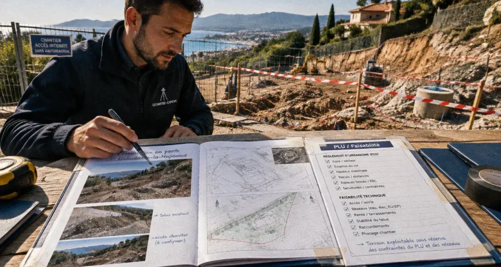 Constructeur maison Mandelieu-la-Napoule : géomètre vérifie PLU et faisabilité terrain
