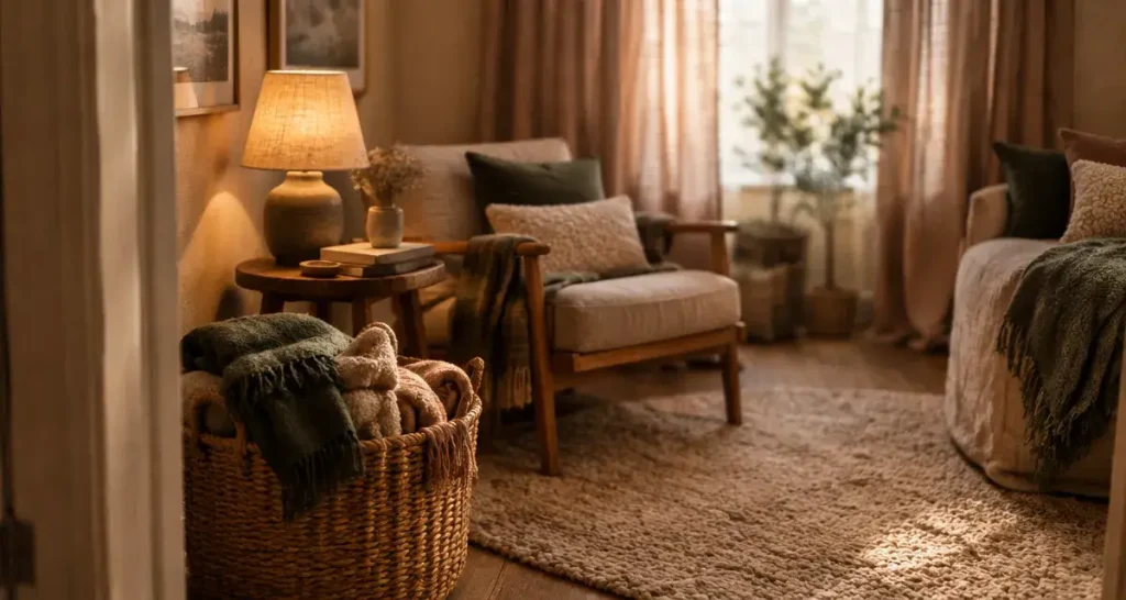 Entrée cosy avec plaids, tapis beige et lumière douce