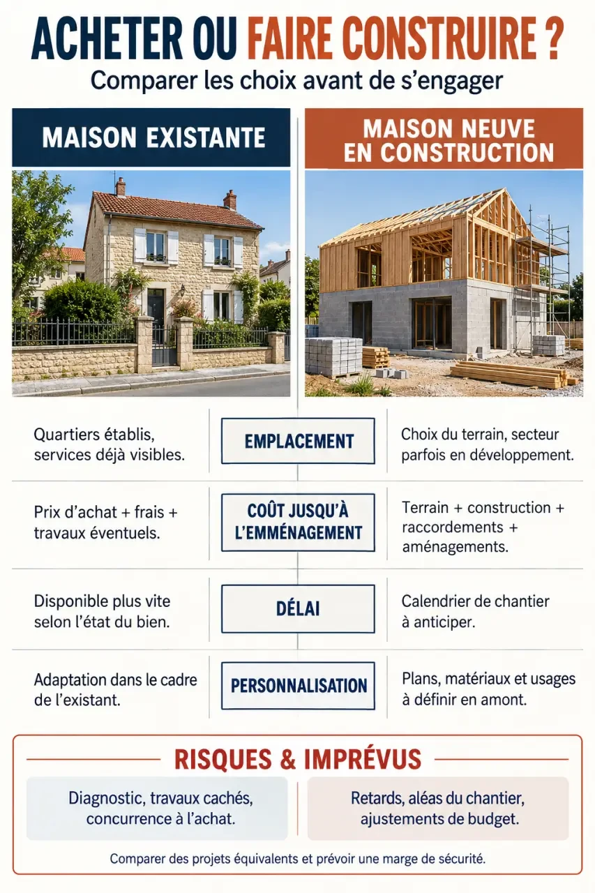 Infographie comparative pour choisir entre acheter ou faire construire une maison