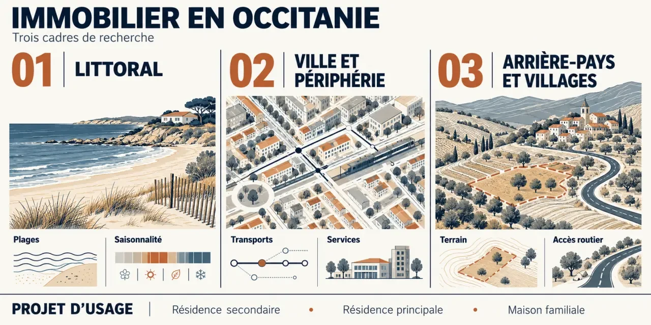 Infographie sur les critères de recherche pour un projet immobilier en Occitanie selon le territoire