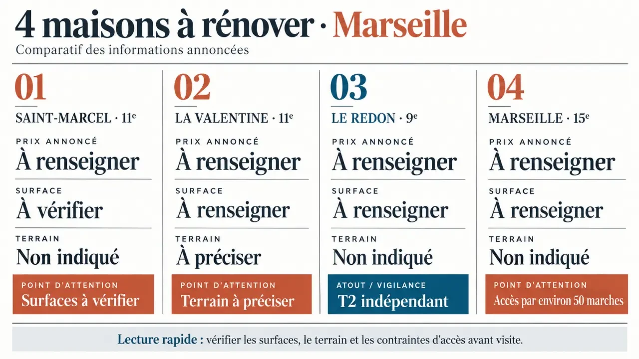 Donne maison à rénover près de Marseille : comparaison visuelle de quatre maisons avec travaux