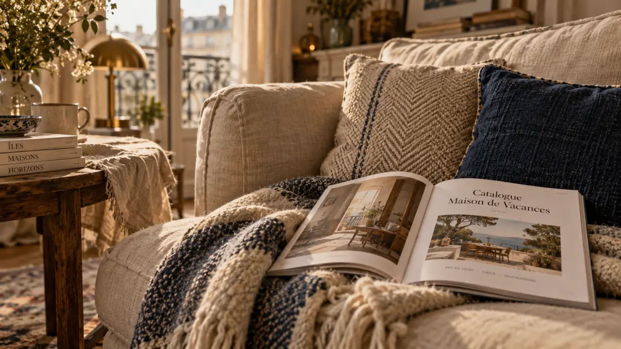 Maison de vacances déco catalogue : coussins, linge et mobilier, intérieur bohème-chic